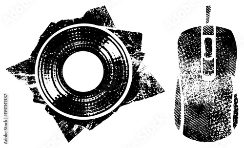 Retro camera lens with textured rings and distressed mouse, vector halftone art, isolated tech, digital illustration.