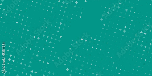 Seamless background pattern of evenly spaced white plus symbols of different sizes and opacity. illustration on teal background with stars