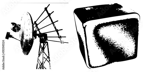 Black and white halftone satellite dish and ice cube, vector graphic, isolated objects, retro tech and refreshment, minimalist design, stylized shapes, bold.