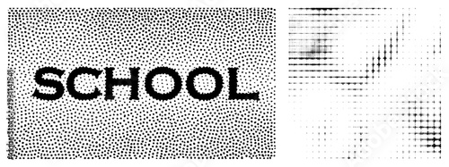 Halftone graphic with "SCHOOL" text rendered in bold serif typeface using dot density gradients, vector art, black and white, print design, typographic poster.