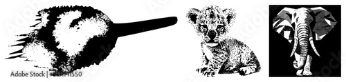 Stylized lion cub, elephant head, and bird like creature rendered in halftone, vector art with textured shading, isolated foreground elements.