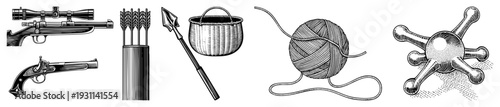 Antique firearms, arrow quiver, spear, woven basket, yarn ball, and bone star hand drawn vector with fine hatching, isolated elements for design use.