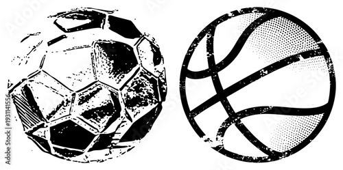 Football and basketball rendered in gritty halftone style, sport equipment, athletic gear, black and white vector art, vintage sports graphics.