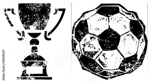Vintage style black and white soccer ball with pentagon panels, championship trophy with dual handles, distressed vector, sports victory symbols, athletic achievement graphics.