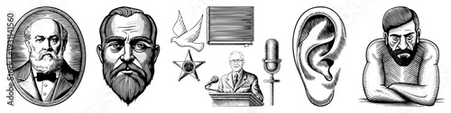 Classic engraved portraits,, sheriff star, book, podium speaker, vintage mic, ear, expressive man all in halftone vector style.