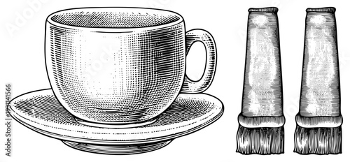Classic coffee cup on saucer rendered in halftone dot, accompanied by two sugar packet illustrations, vintage engraving style, vector design.