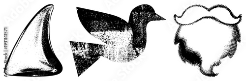 Classic halftone printed graphics featuring shark fin, duck, and mustache as isolated vector shapes, stylized with dot,, retro aesthetic, design elements.