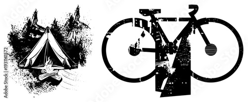 Outdoor camping scene featuring tent, campfire, pine trees, wilderness, forest backdrop, nature adventure, hiking gear.