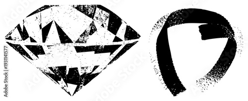 Stylized diamond cut with textured facets, abstract curved brushstroke, vector art, graphic design elements, digital illustration.
