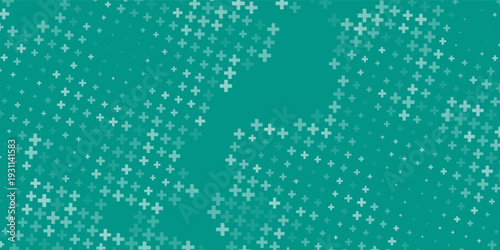 Seamless background pattern of evenly spaced white plus symbols of different sizes and opacity. illustration on teal background with stars