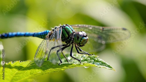 Close-up of a dragonfly resting on a fresh green leaf, delicate transparent wings showing fine vein details