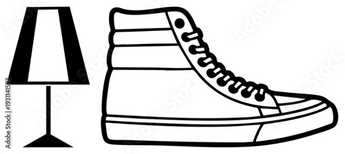 Black and white of sneaker and lamp, minimalist design, vector graphic, isolated elements, flat style, floor lamp and footwear.