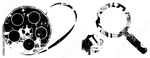 Distressed black and white film reel and magnifying glass symbols, vintage tools, cinematic search, film industry graphic, stylized vector design.