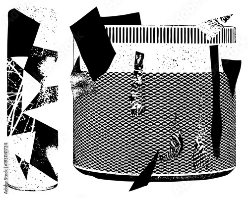 Bold black shapes intersecting halftone mesh, graphic texture, stencil art, vector illustration, high contrast composition, abstract design, visual noise, fragmented forms.