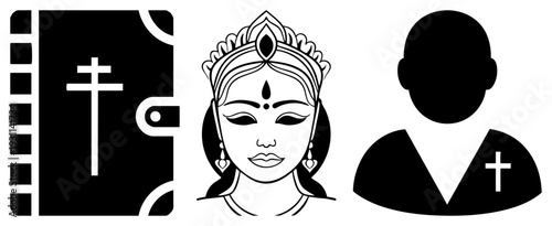 Sacred including holy book, divine feminine figure, clergy person, motifs, spiritual symbolism.