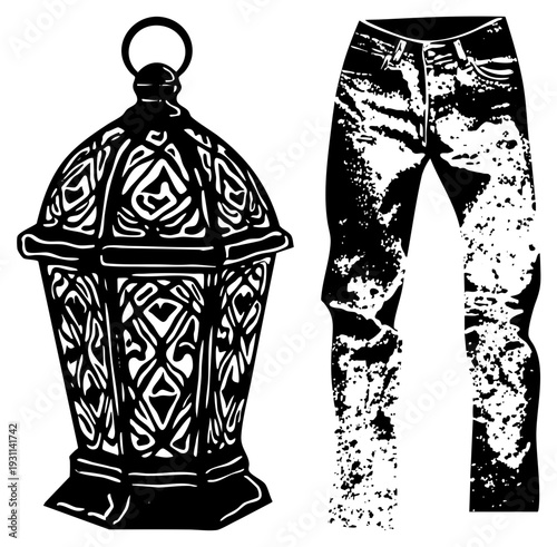 Decorative lantern with geometric filigree design, vintage fashion denim, ripped jeans with splatter texture, black and white vector art, fashion accessory, streetwear element.