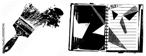 Artistic brush with ink splatter beside open sketchbook with geometric shapes, halftone shading, creative design, graphic illustration, art tools, vector art.