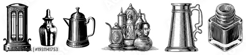 Antique glass bottles, metal jugs, inkwell, and ornate vessels, engraved art, historical artifacts, collector items, studio illustration.