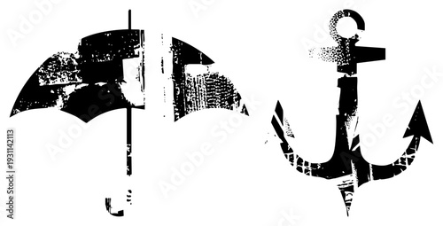 Vintage style black and white, umbrella and anchor with grunge texture, nautical and shelter motifs, isolated graphic elements.