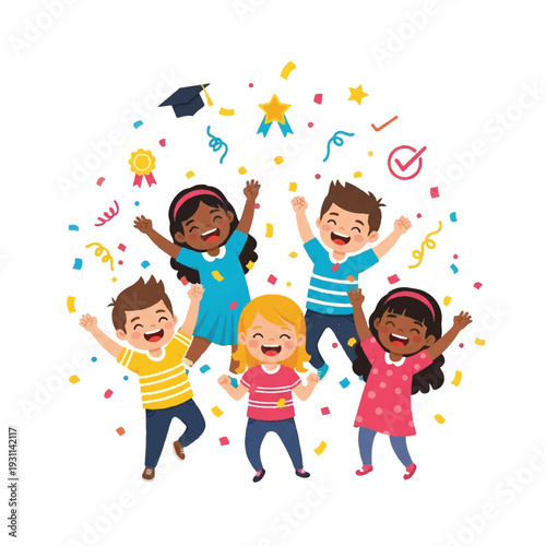 A digital illustration of five happy children celebrating with arms raised, surrounded by colorful confetti and graduation decorations on a white background. Perfect for education,