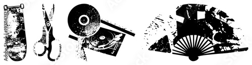 Distressed black and white vector skateboard, scissors, turntable, folding fan gritty texture, urban grit, retro tech, vintage aesthetics.