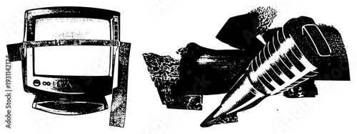 Retro computer monitor and classic microphone rendered in bold halftone vector style, isolated graphic elements, tech nostalgia, equipment.