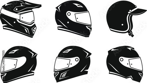 Motorcycle Helmets Collection: A series of sleek, black motorcycle helmets showcased, offering a glimpse into the essential safety gear for riders, embodying protection and style.