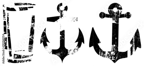 Vintage maritime symbols including anchors and barrel, weathered stencil style, nautical, distressed black graphic, isolated vector elements.
