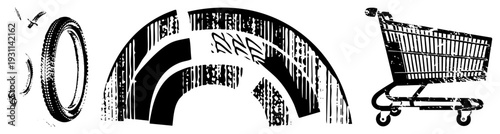 Retro shopping cart, bicycle tire, graffiti style arch, urban, vector illustration, street art elements, symbols.