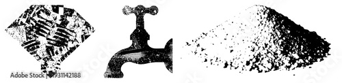 Stylized faucet with dot, diamond fragment texture, gravel mound, halftone art, graphic design elements.