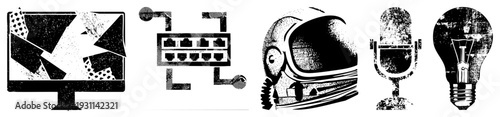 Vintage halftone tech symbols computer screen, network router, astronaut helmet, vintage mic, classic bulb. Digital and analog design fusion with distressed texture.