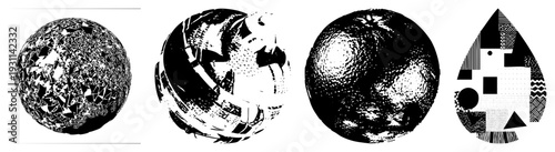 Black and white vector spheres and teardrop, fragmented geometric, halftone textures, graphic design elements, isolated shapes.