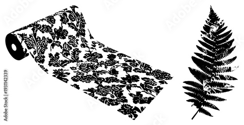 Decorative wallpaper with vintage, fern leaf silhouette, black and white vector art, wall covering design, botanical illustration.