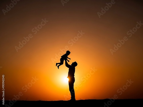 Happy Father Day Silhouette with Son on Mountain Peak. Generative Ai