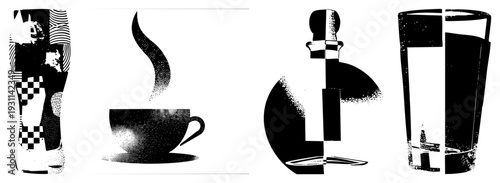 Abstract glass, coffee cup, bottle, and tumbler rendered in halftone and geometric, vector design, graphic illustration.