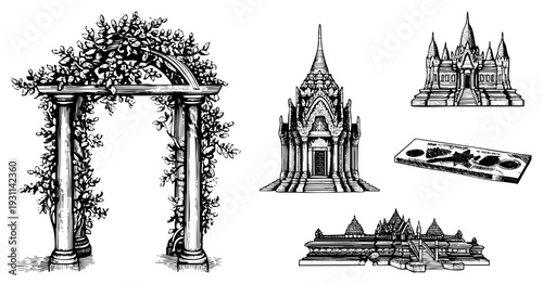 Traditional Thai temple structures, ornate archway with ivy, sacred architecture, Buddhist temple design, engraved art, cultural heritage motifs.