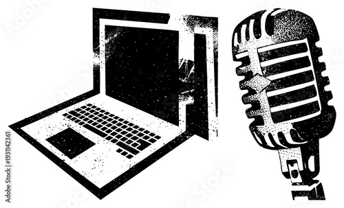Retro microphone paired with open laptop, digital tools, podcasting equipment, black and white graphic, screen and keyboard, vintage tech illustration.