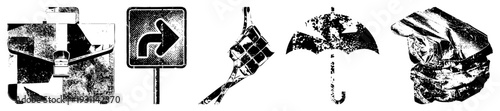 Graphic briefcase, right turn sign, paintbrush, umbrella, crumpled paper, halftone texture, design, isolated elements.