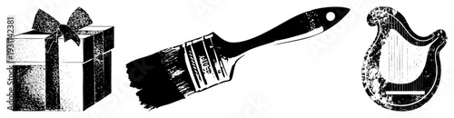 Halftone vector art gift, brush, lyre., artistic textures. Creative tools, musical symbol, gift, brushstroke, cultural motifs.