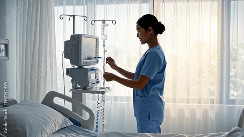 A confident female nurse standing beside a hospital bed adjusting equipment carefully, bright white room with large windows
