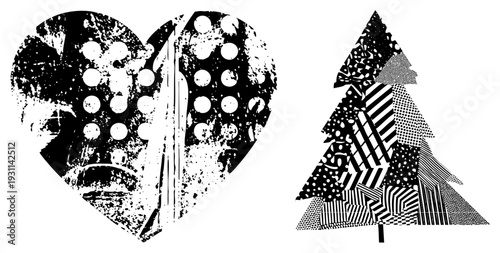 Graphic heart and tree composed of halftone dots, stripes, and grunge textures, vector art, design, pop art style, shapes, isolated symbols.