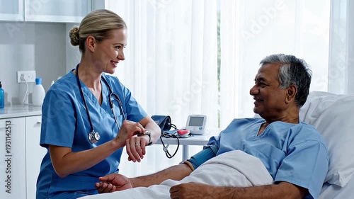 A professional blonde female nurse gently checking a patient’s pulse while sitting beside a clean white examination bed