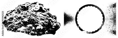 Rough geological surface with granular detail, halftone circle cutout, vector graphic, black and white, abstract rock texture, isolated shape, design element.
