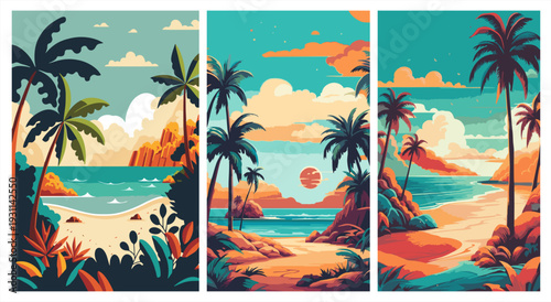 Set of three tropical beach posters. Vibrant flat vector illustration of palm trees, ocean waves, and sunlit shores