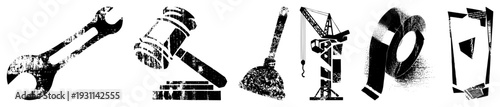Collection of wrench, gavel, plunger, crane, tape, and smartphone with distressed texture, graphic design elements, urban utility symbols.