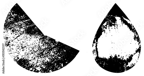 Two stylized geometric forms, one and one teardrop, rendered in high contrast black with splattered texture, isolated vector graphic, ideal for graphic design and digital art.