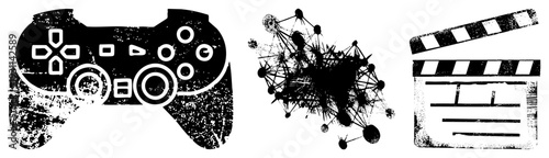 Grunge style vector gaming pad, digital network, cinema clapboard. Distressed black on transparent background.