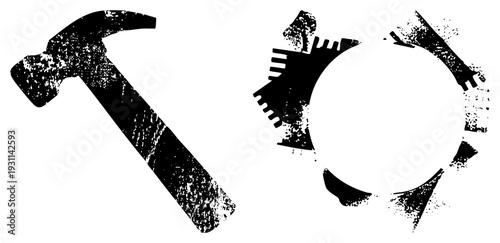 Black hammer and gear with gritty, splattered texture, industrial tool graphics, mechanical symbol, construction, vector silhouette, distressed design.
