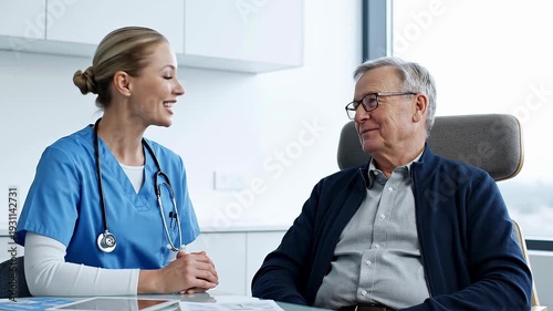 Close interaction scene of a friendly young white female nurse gently explaining health information to a patient