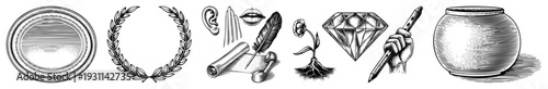 Elegant engraved emblem set, laurel wreath, writing tools, diamond gemstone, budding plant, ornamental frame, hand holding pen, vintage illustration.